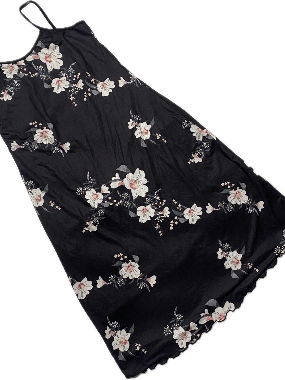Black Floral Midi Slip Dress with Delicate White Blossoms